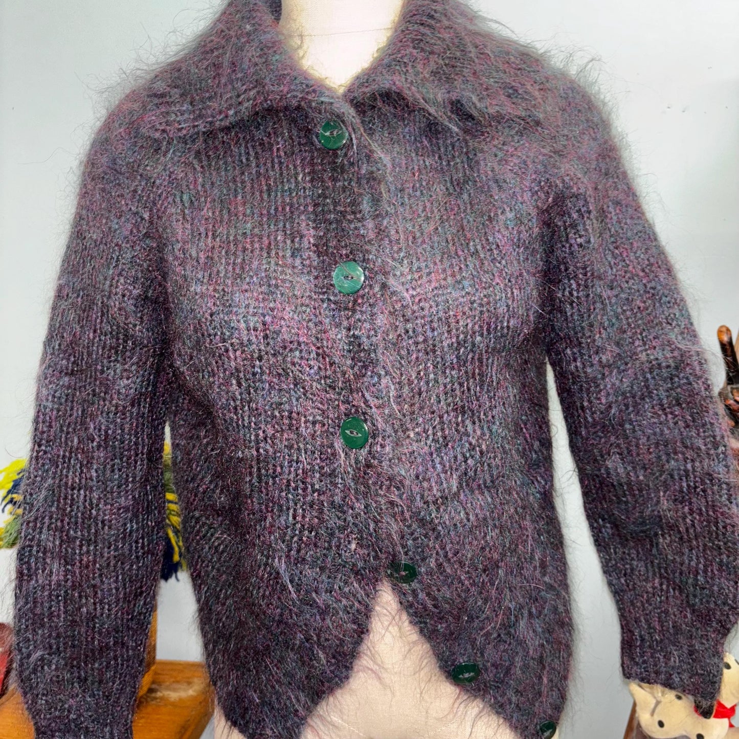 vtg 50s PURPLE SHAGGY MOHAIR Sweater // vintage scotland fuzzy wool two tone green cat eye button oversized pointy collar autumn cardigan