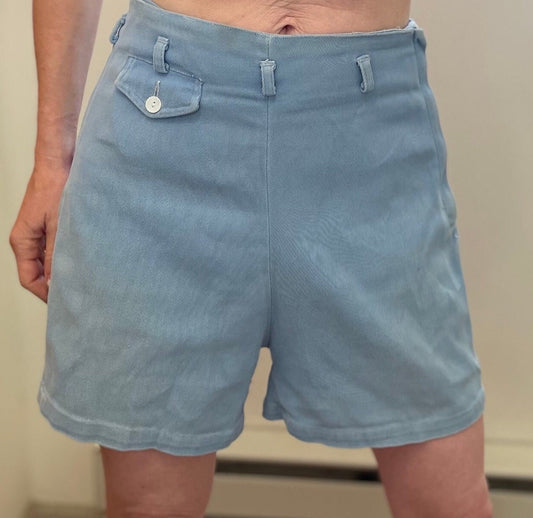 vtg 40s BLUE CHAMBRAY SHORTS // vintage light blue gabardine long shorts 50s denim hot pants autumn fall casual school mcm retro style