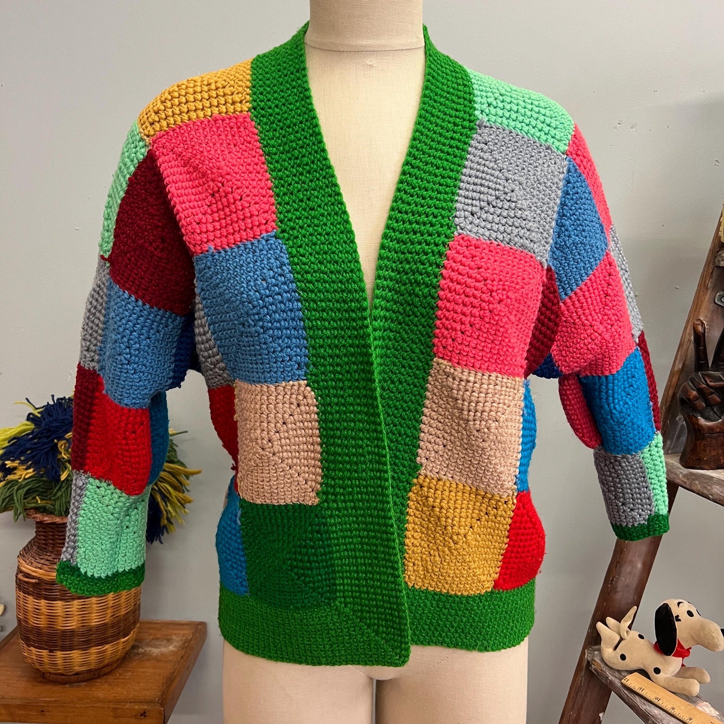 vtg 70s PATCHWORK RAINBOW CARDIGAN // vintage knit geometric pastel granny squares afghan sweater mod hippie retro autumn winter fashion top