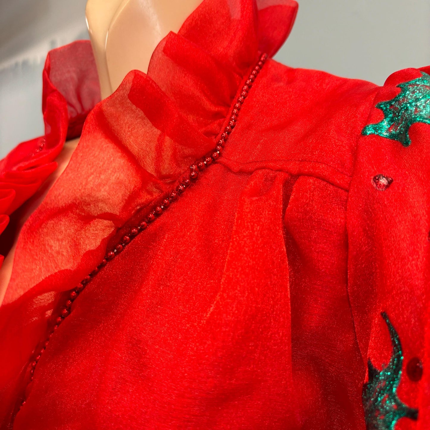 vtg RED BALLOON SLEEVE Blouse // vintage sheer ruffle collar mrs claus christmas queen costume festive mistletoe homemade sheer sleeve top