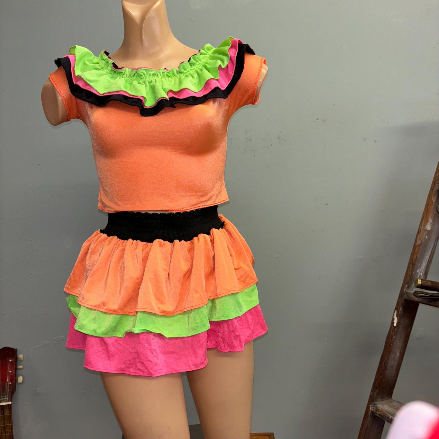 vtg 80s SPARKLE MOTION DANCE Dress // vintage 2 piece neon barbie rollerblader costume bright spandex ruffle collar mini skirt jazzercize