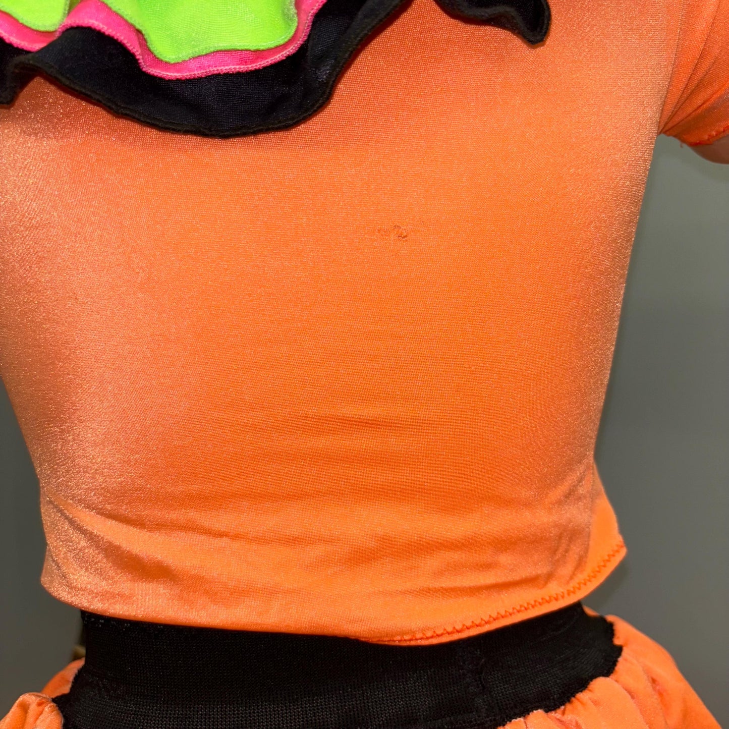 vtg 80s SPARKLE MOTION DANCE Dress // vintage 2 piece neon barbie rollerblader costume bright spandex ruffle collar mini skirt jazzercize