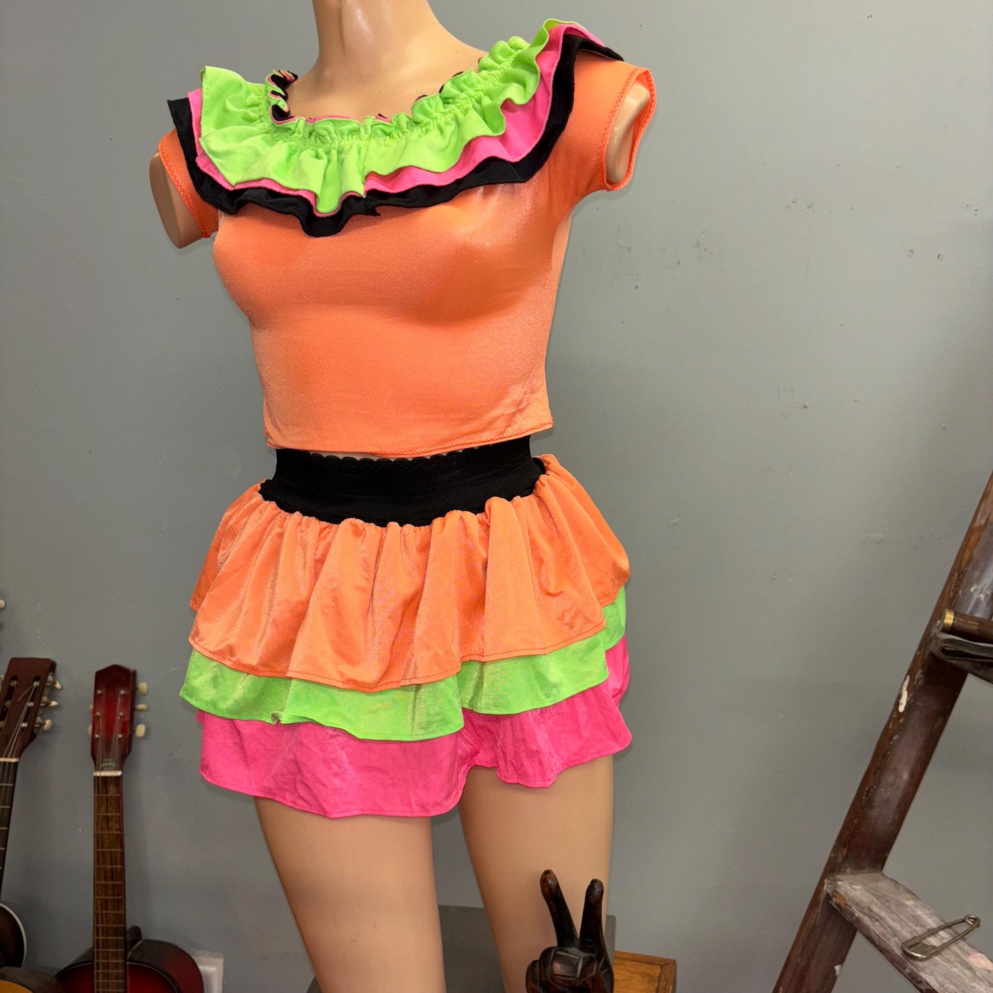 vtg 80s SPARKLE MOTION DANCE Dress // vintage 2 piece neon barbie rollerblader costume bright spandex ruffle collar mini skirt jazzercize