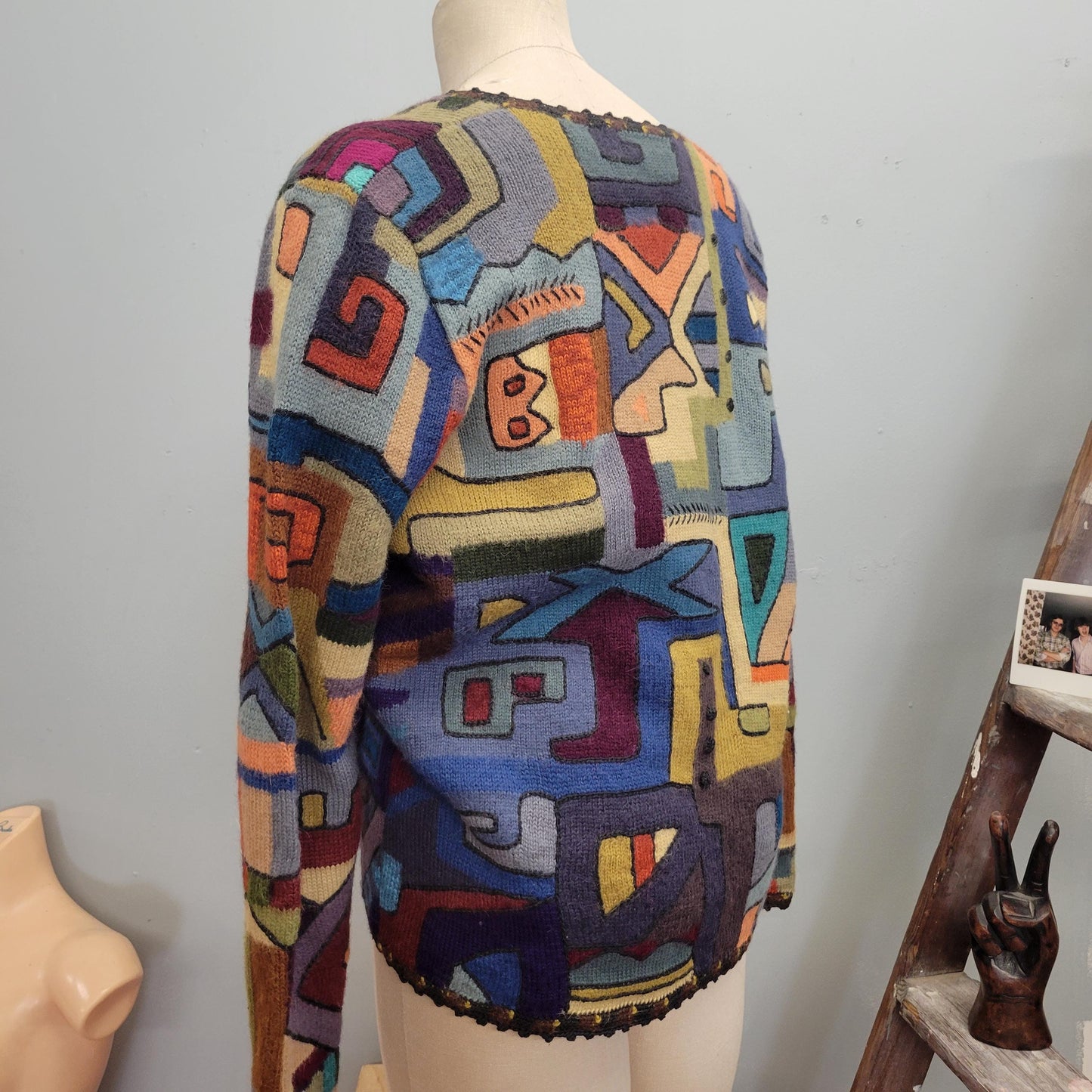vtg 90s ABSTRACT PATCHWORK CARDIGAN // vintage peruvian alpaca fur geometric pattern funky sweater y2k grunge slouchy retro phoebe friends