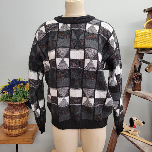 vtg 80s RAINBOW PRISM SWEATER // vintage protege xl checkered geometric pattern knit top boxy chunky knit multicolor triangle retro autumn