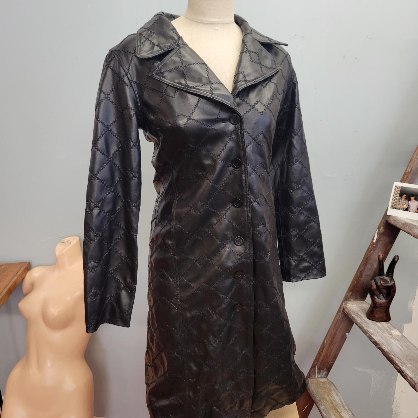 vtg 90s Y2K LONG BLACK LEATHER Jacket // medium patchwork stitched lightweight matrix style collared raver club gothic autumn winter sleek