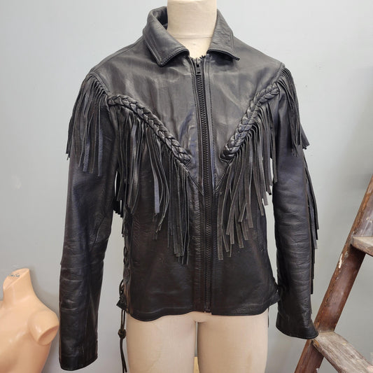 vtg 90s LEATHER FRINGE JACKET // vintage braided detail route 66 true 90s biker motorcycle western easy rider Harley Davidson highway
