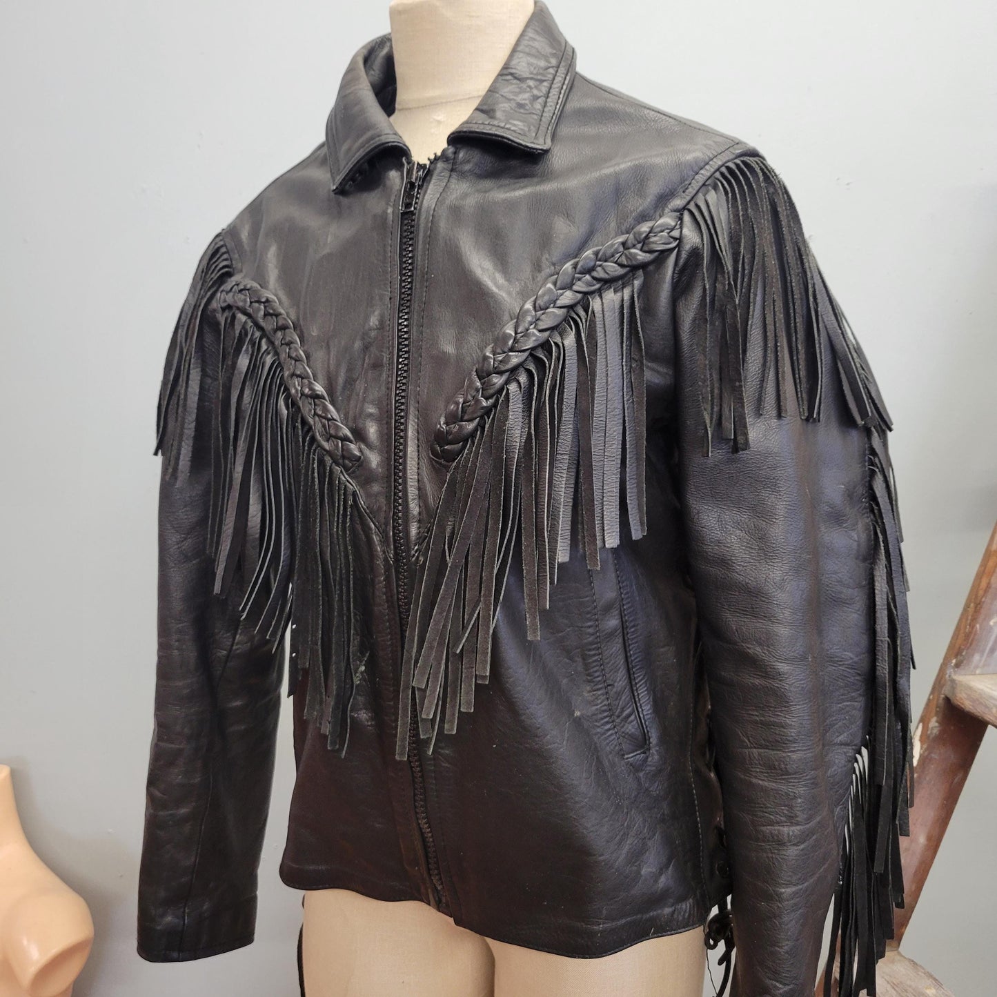 vtg 90s LEATHER FRINGE JACKET // vintage braided detail route 66 true 90s biker motorcycle western easy rider Harley Davidson highway