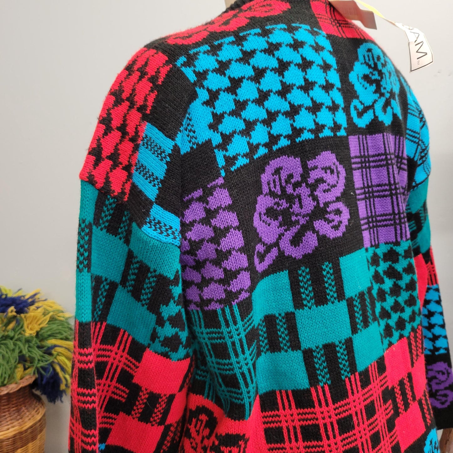 vtg 80s FUNKY PATTERN SWEATER // vintage traffic jam xl deadstock abstract checkered oversized womens autumn bright neon chunky knit retro