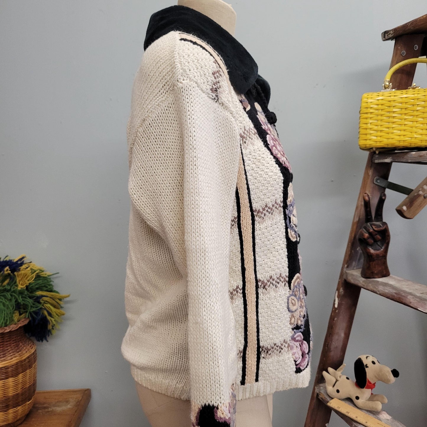 vtg 90s EMBROIDERED FUR SWEATER // vintage stitches in time small womens collared floral sweater jacket autumn cottage style preppy casual