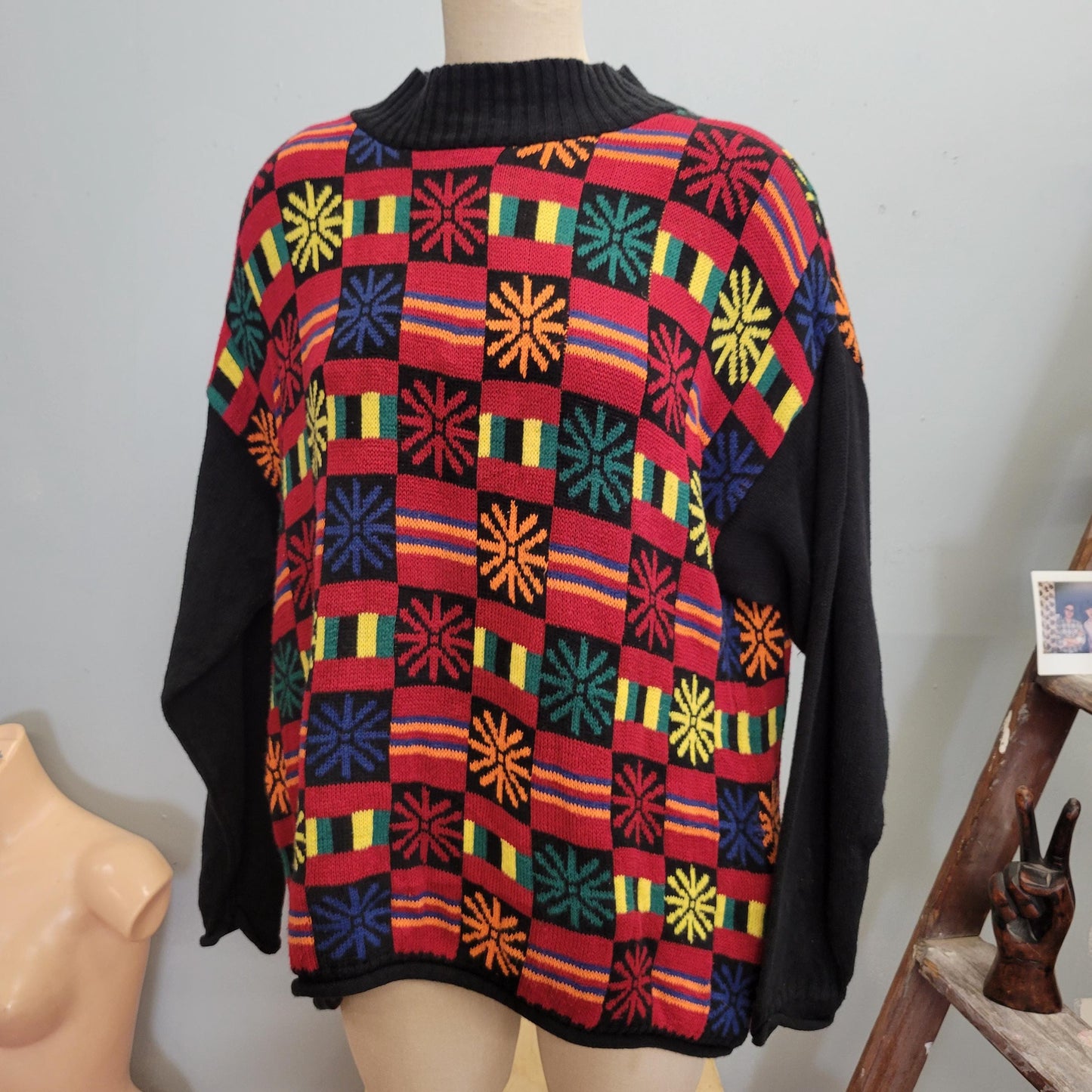 vtg 90s ESPRIT ABSTRACT GEOMETRIC Sweater // vintage wild patterned flower power chunky knit ribbed cotton atomic all over print oversized L