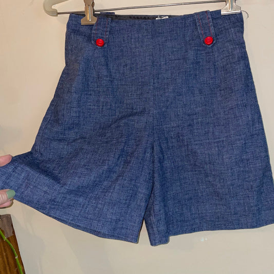 vtg 50s DARK CHAMBRAY SHORTS // vintage red buttons cute short shorts jorts rockabilly 50s pin up classic retro style high waisted denim