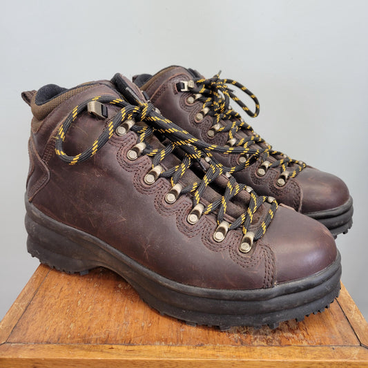 vtg 90s AMERICAN EAGLE BOOTS // 9 size y2k vintage brown leather docs mens contrast yellow shoestrings chunky platform retro hiking style