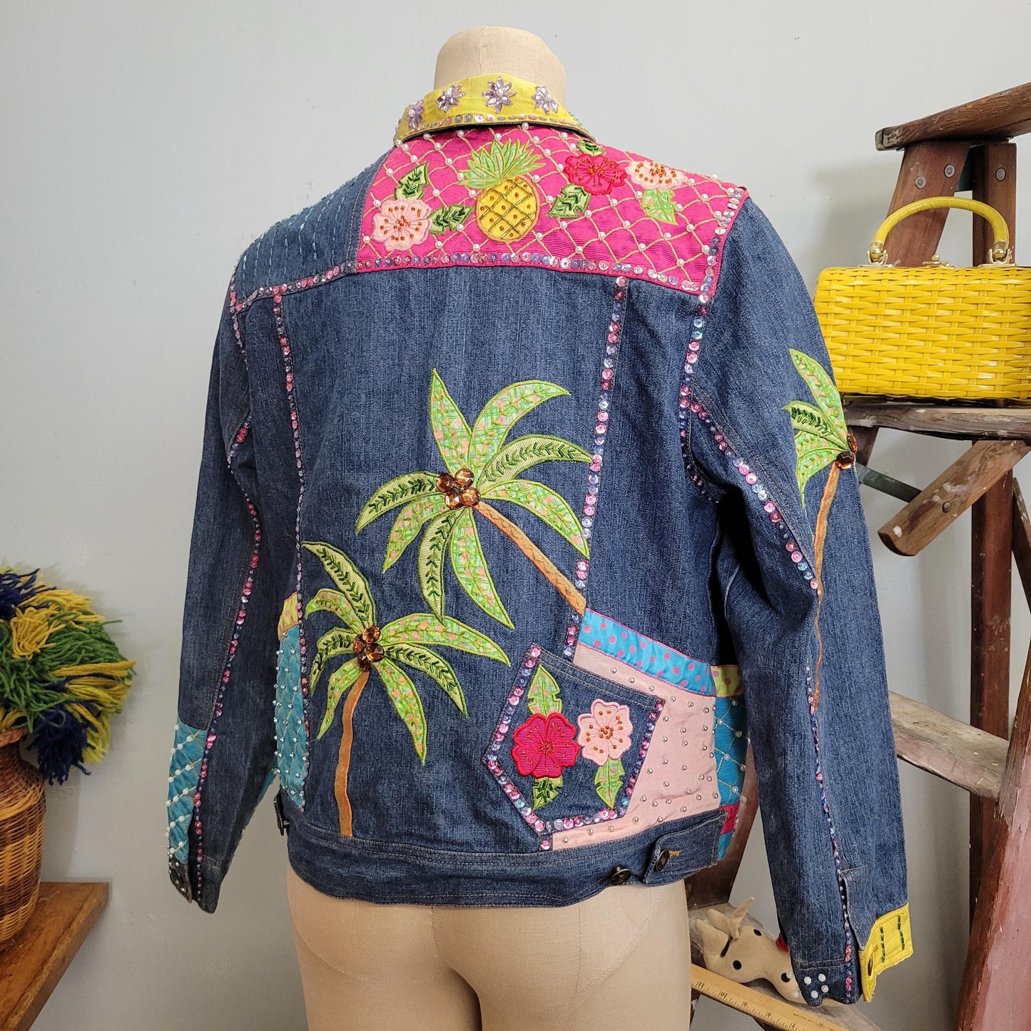 vtg 80s BEDAZZLED DENIM JACKET // vintage berer large tropical floral beaded pearls palm trees medium wash jean jacket hand painted airbrush