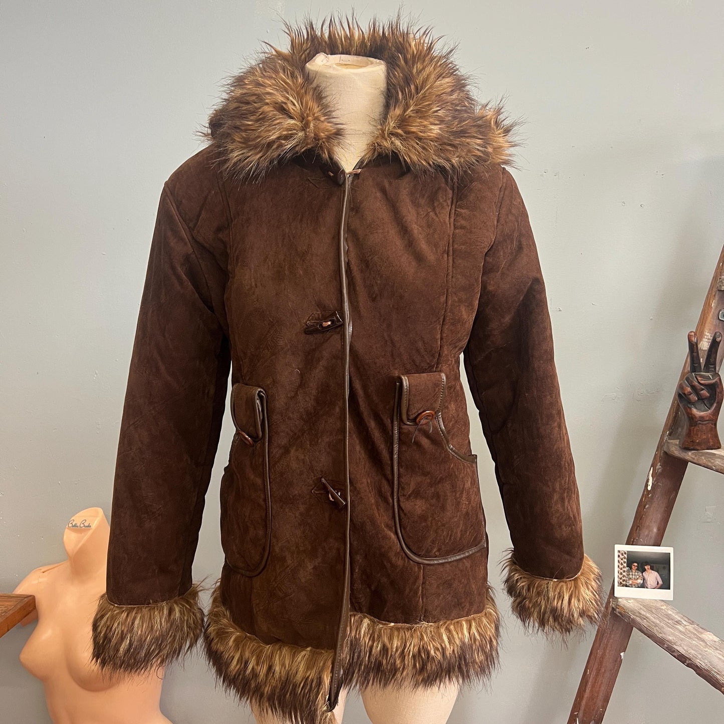 vtg 70s PENNY LANE COAT // vintage fur trim suede felt stroller jacket mod hippie bohemian chocolate shaggy afghan statement duster medium