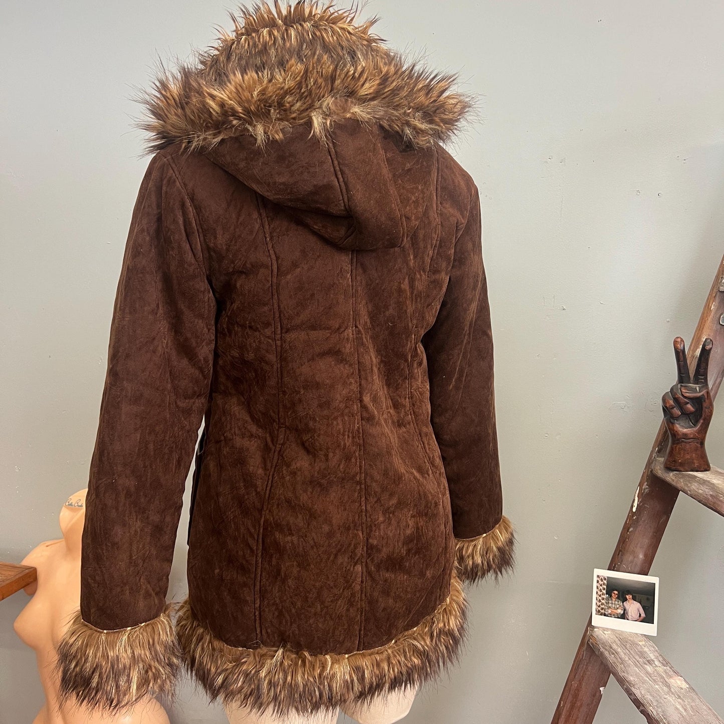 vtg 70s PENNY LANE COAT // vintage fur trim suede felt stroller jacket mod hippie bohemian chocolate shaggy afghan statement duster medium