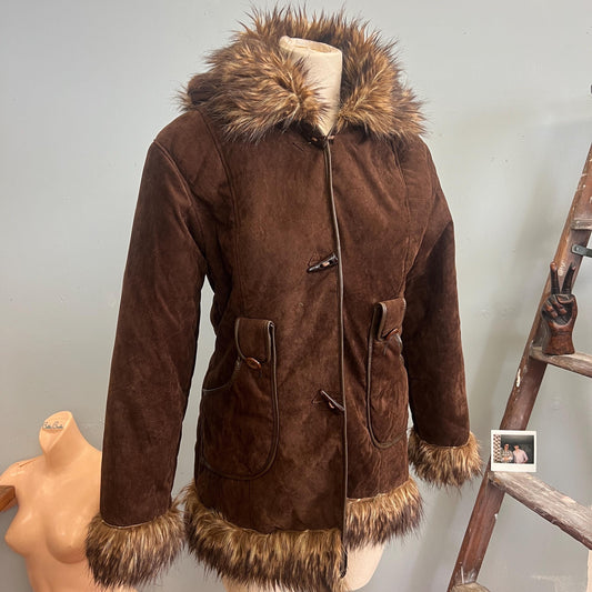 vtg 70s PENNY LANE COAT // vintage fur trim suede felt stroller jacket mod hippie bohemian chocolate shaggy afghan statement duster medium
