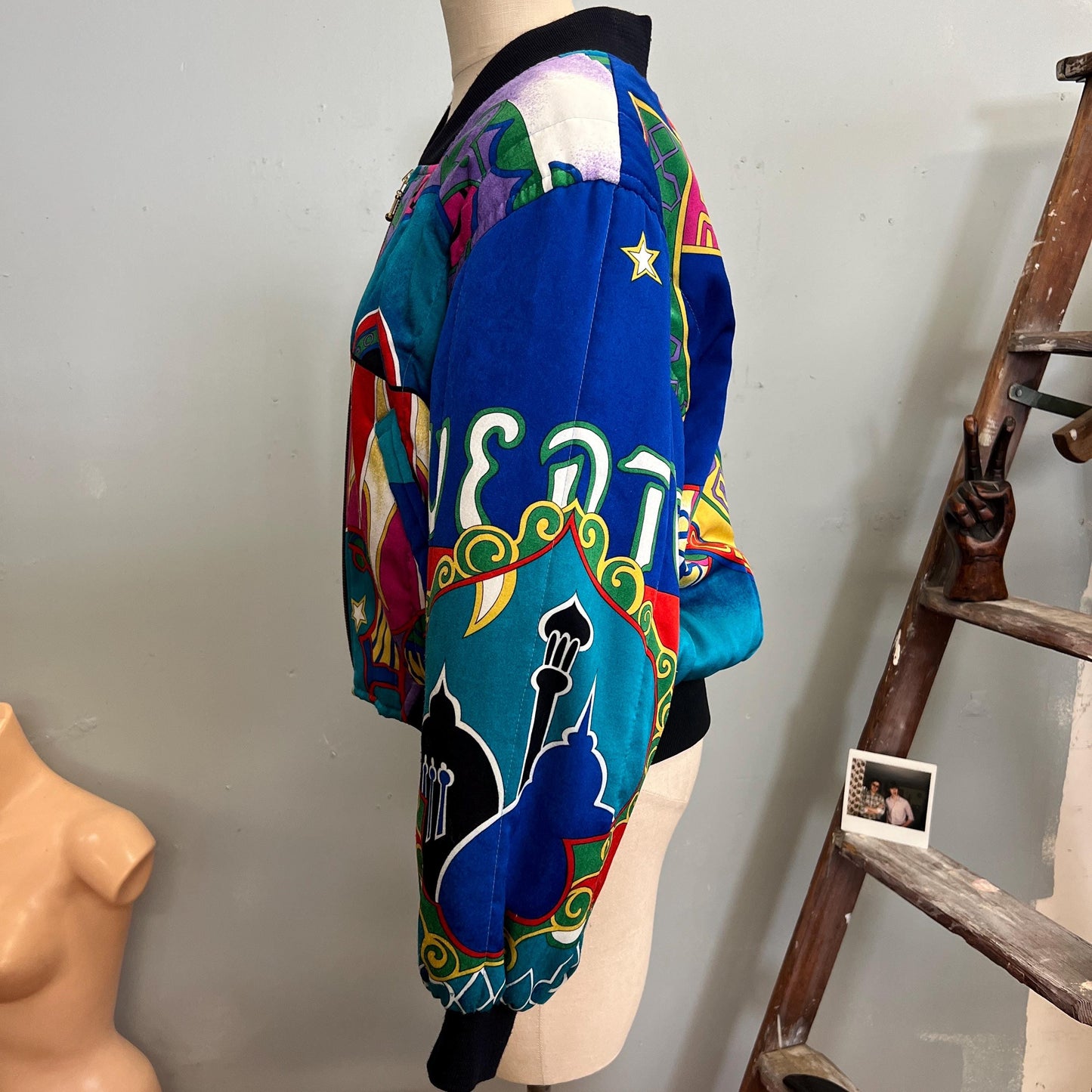 vtg 80s SILKY BOMBER JACKET // vintage apriori large celestial patchwork zip up windbreaker crazy pattern fresh prince retro funky eclectic