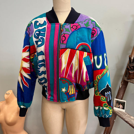 vtg 80s SILKY BOMBER JACKET // vintage apriori large celestial patchwork zip up windbreaker crazy pattern fresh prince retro funky eclectic