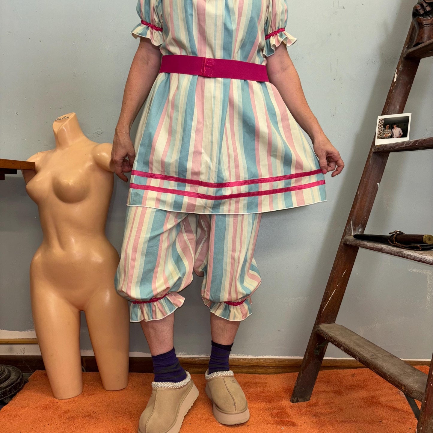 vtg 70s OLD MAID COSTUME // vintage homemade hilarious funny Halloween clown Holly hobbie grandma over the hill gag spoof striped pants set