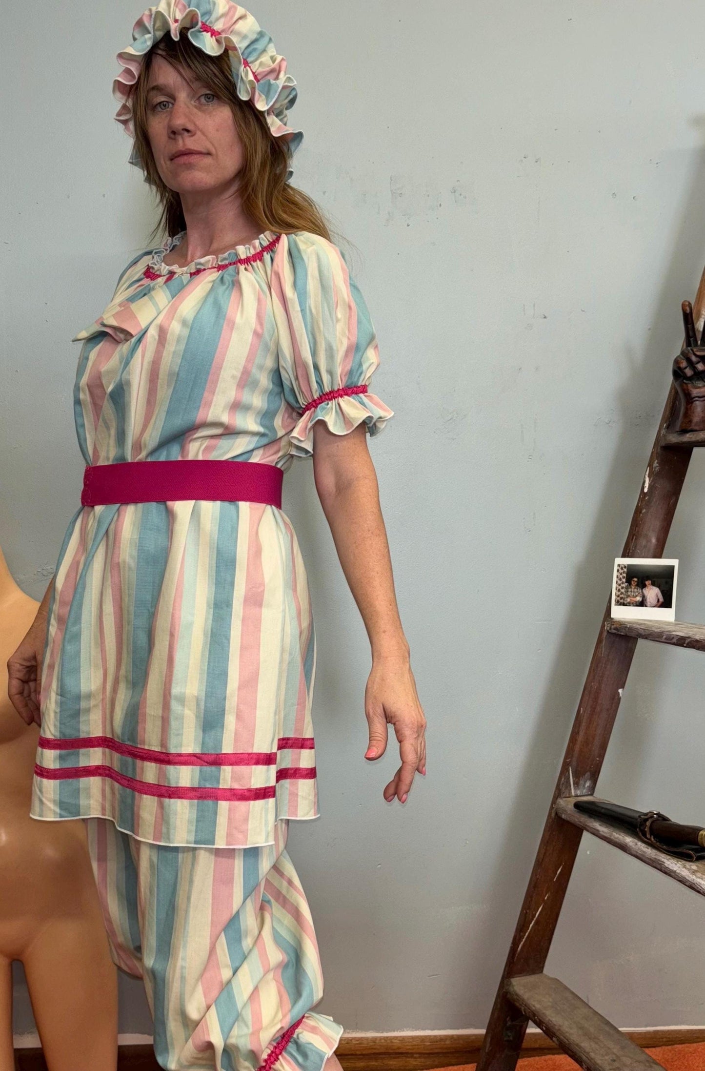 vtg 70s OLD MAID COSTUME // vintage homemade hilarious funny Halloween clown Holly hobbie grandma over the hill gag spoof striped pants set