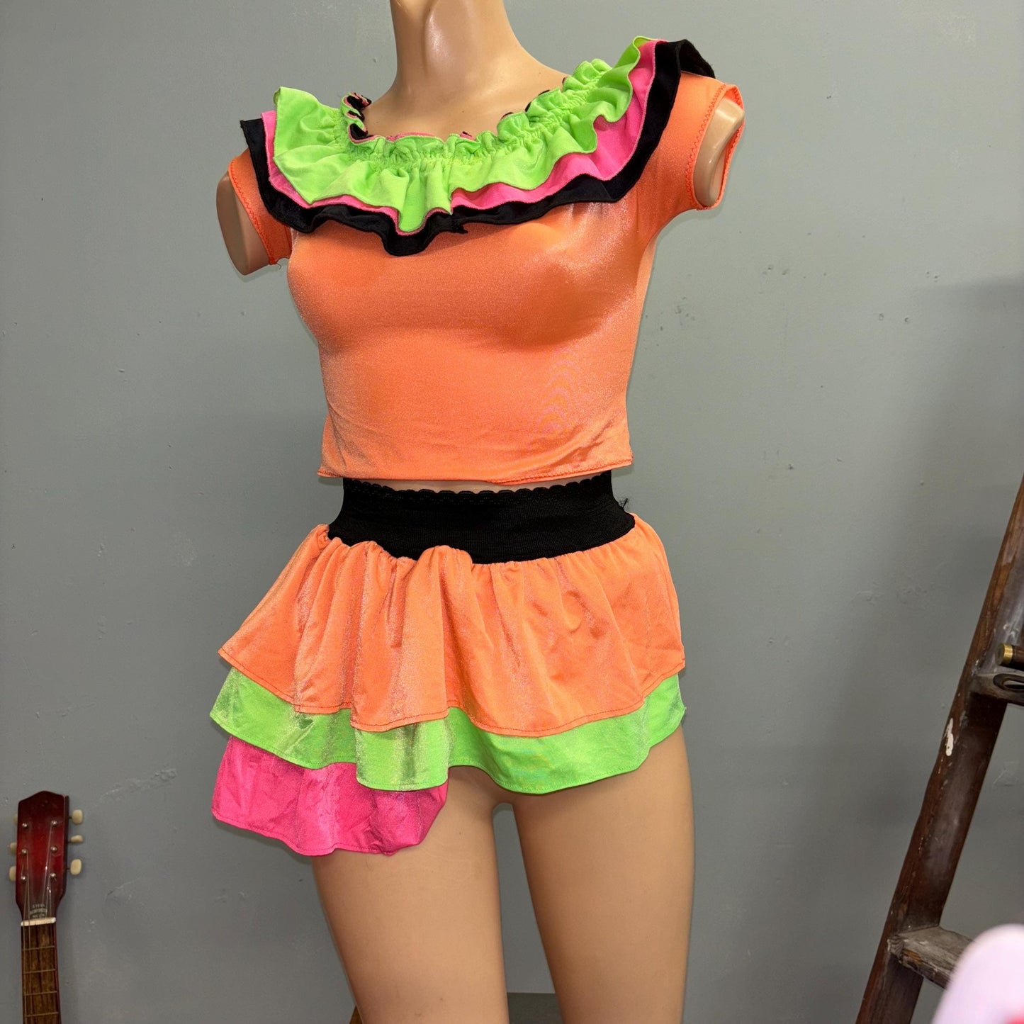 vtg 80s SPARKLE MOTION DANCE Dress // vintage 2 piece neon barbie rollerblader costume bright spandex ruffle collar mini skirt jazzercize