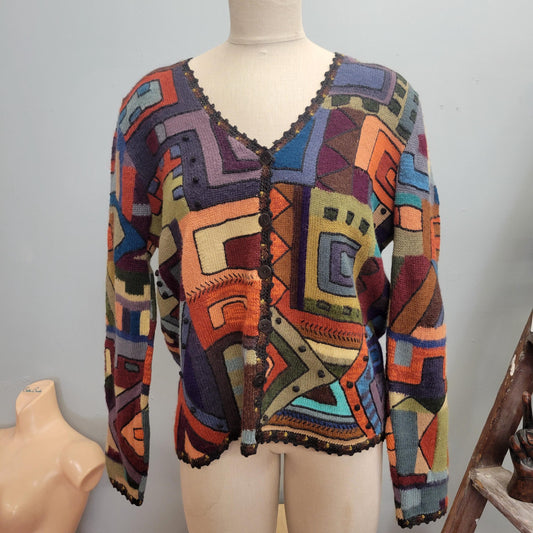 vtg 90s ABSTRACT PATCHWORK CARDIGAN // vintage peruvian alpaca fur geometric pattern funky sweater y2k grunge slouchy retro phoebe friends