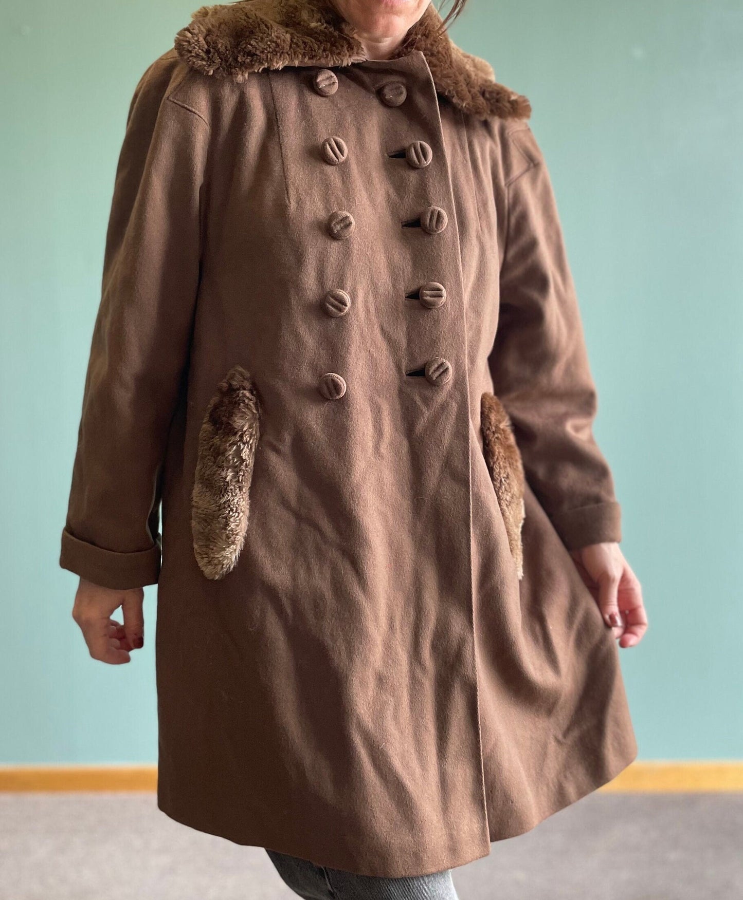 vtg 40s FUR TRIMMED COAT // vintage milk chocolate brown winter overcoat collared rabbit fur double buttons stroller jacket trench length