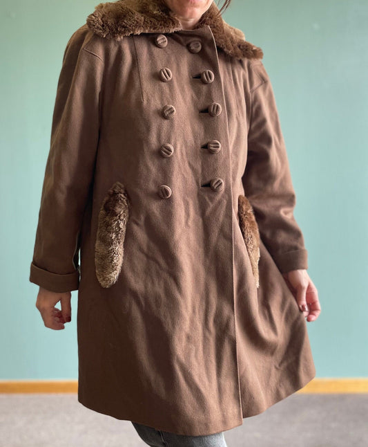 vtg 40s FUR TRIMMED COAT // vintage milk chocolate brown winter overcoat collared rabbit fur double buttons stroller jacket trench length