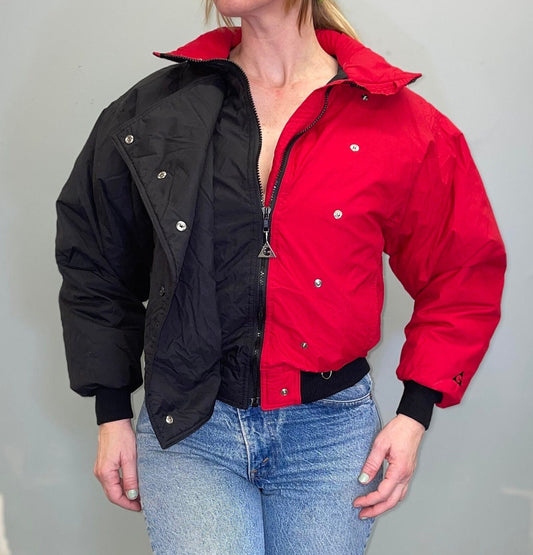 vtg 80s TWO TONED CROPPED Jacket / vintage black and red fall color block retro ski jacket snap up goose down 90s gerry g streetwear medium