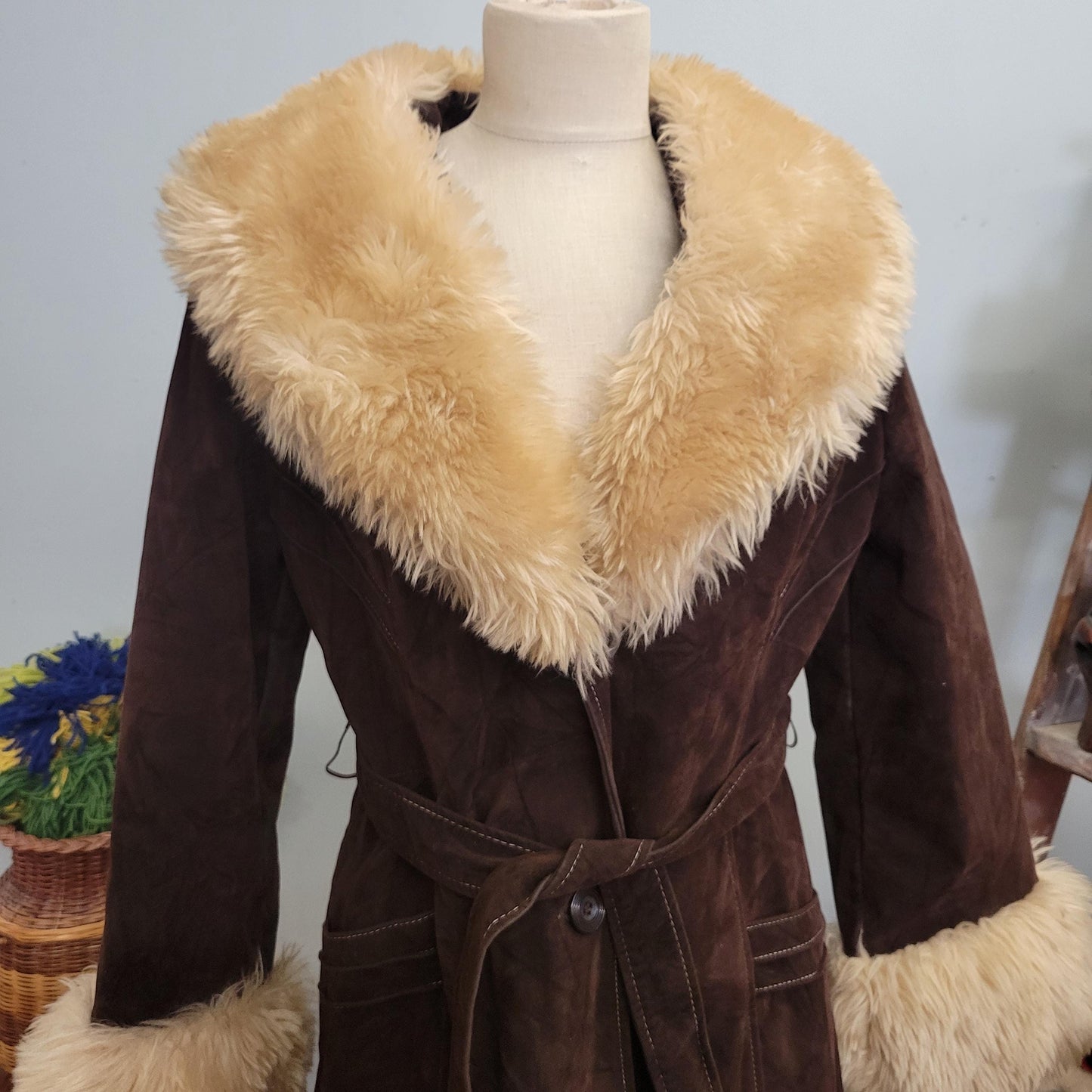 vtg 70s FUR SUEDE COAT // vintage medium penny lane large collar big arm cuffs chocolate brown fur trimmed stroller coat belted boho duster