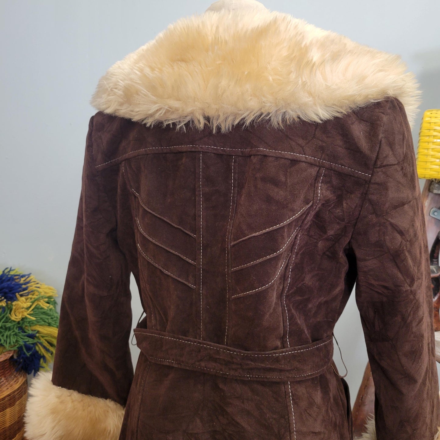 vtg 70s FUR SUEDE COAT // vintage medium penny lane large collar big arm cuffs chocolate brown fur trimmed stroller coat belted boho duster