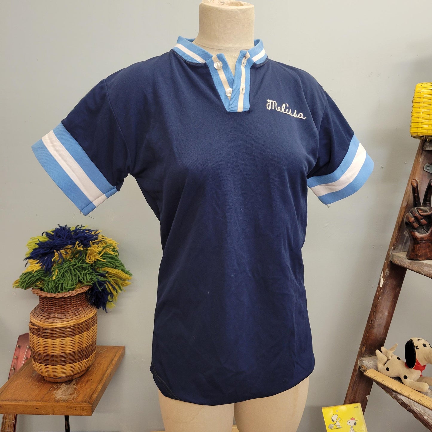 vtg 70s RETRO TELEPHONE COMPANY Uniform / vintage new era knitting mills medium womens stripe collared bowling team shirt phone operator top