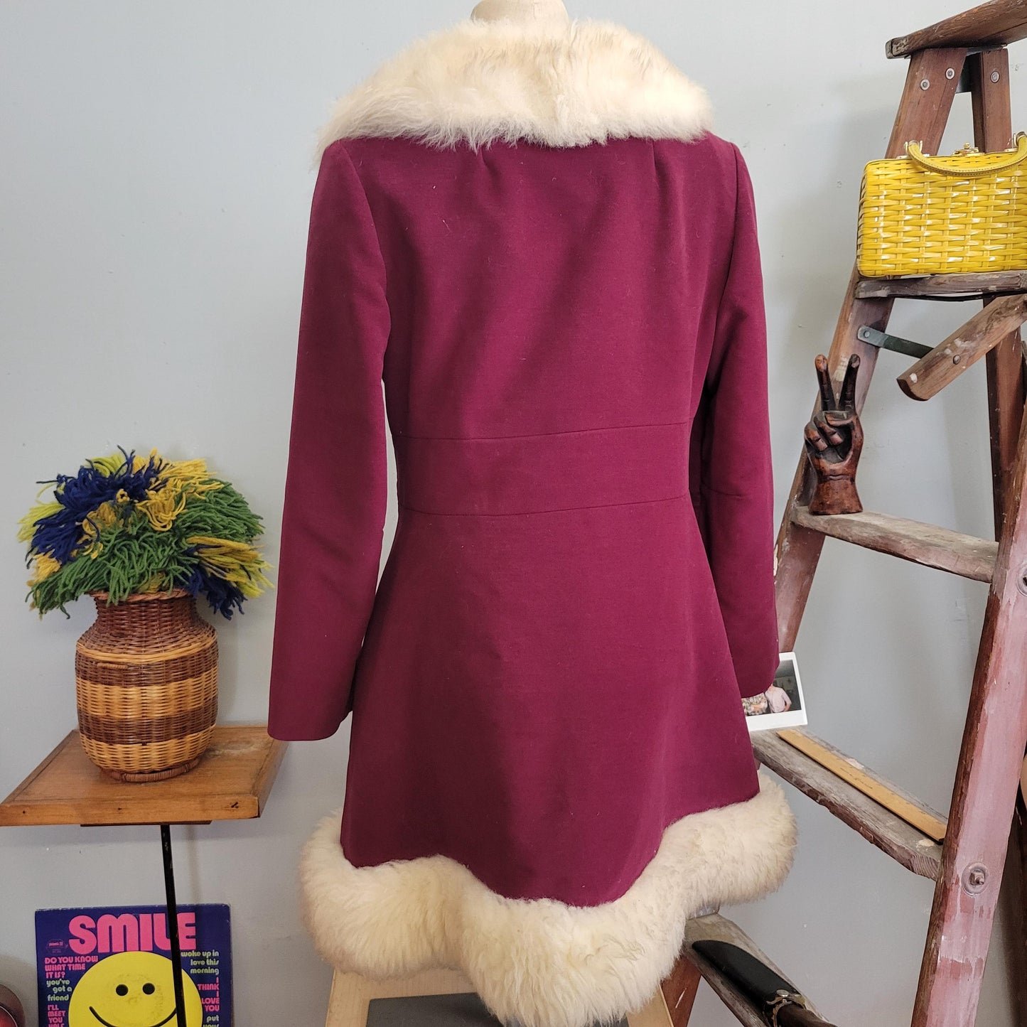 vtg 60s BURGUNDY FUR TRIM Coat // vintage main place size medium lilli ann style penny lane belted stroller coat fancy bright mod retro glam
