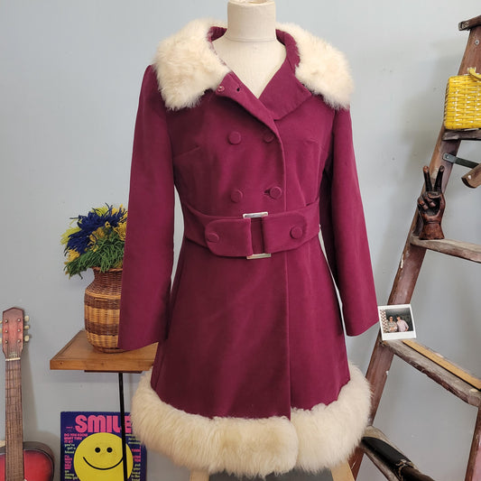 vtg 60s BURGUNDY FUR TRIM Coat // vintage main place size medium lilli ann style penny lane belted stroller coat fancy bright mod retro glam
