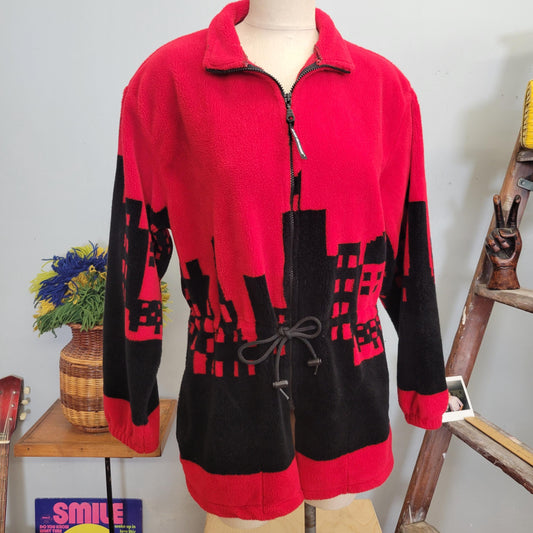 vtg 80s RED CITY SCENE Jacket // vintage black skyline motif outdoor gear medium soft zip up parka retro all over print cute autumn warm top