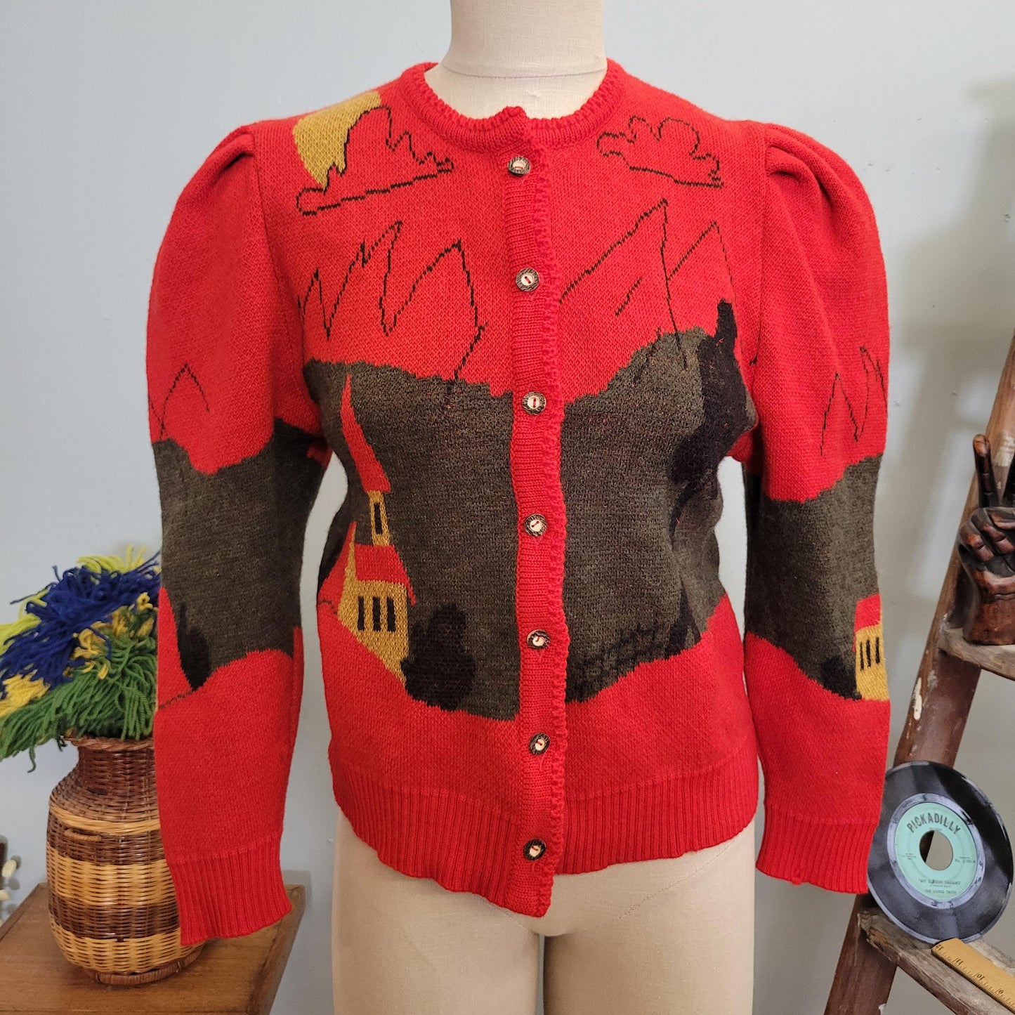vtg 80s PUFF SLEEVE CARDIGAN // vintage pictorial small red mountain trees houses folk art landscape scene patterned knit autumn sweater