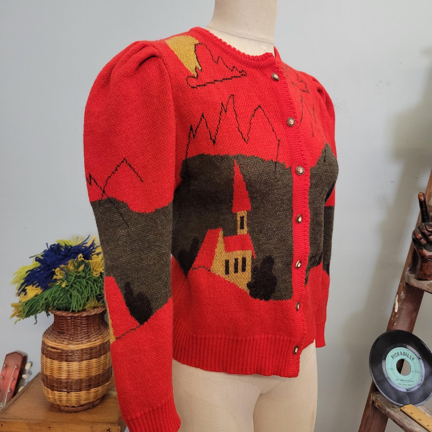 vtg 80s PUFF SLEEVE CARDIGAN // vintage pictorial small red mountain trees houses folk art landscape scene patterned knit autumn sweater