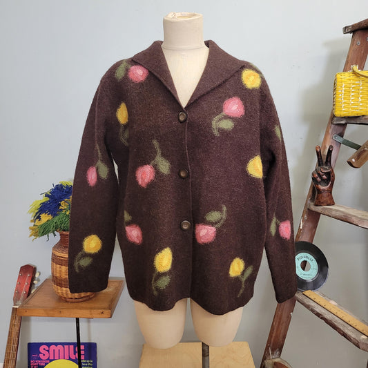 vtg 90s FLORAL MOHAIR CARDIGAN // xl vintage  carroll reed button up sweater jacket tulip patterned knit wool fuzzy shaggy happy cute print