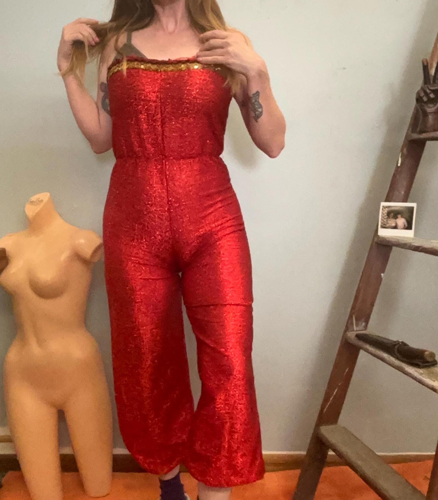 vtg RED LUREX JUMPSUIT // vintage sequin beaded sexy devil halloween costume party hostess sparkly sleeveless tube 70s disco outfit hot fire