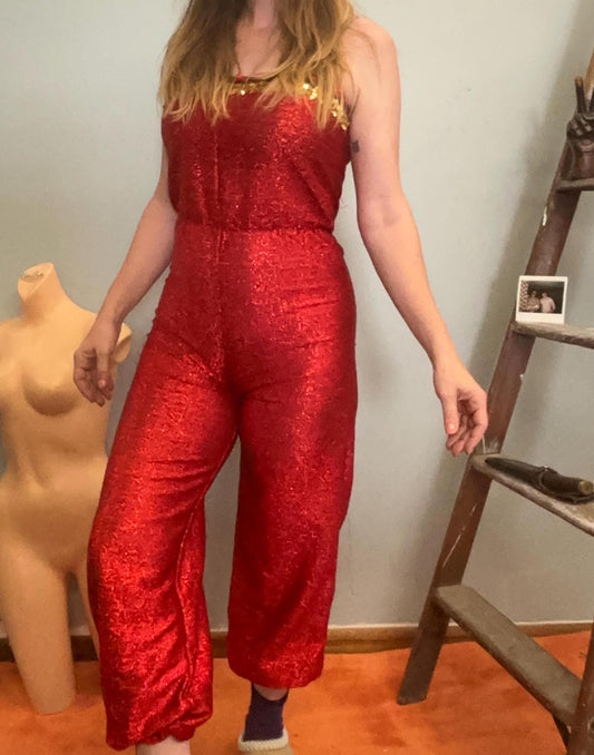 vtg RED LUREX JUMPSUIT // vintage sequin beaded sexy devil halloween costume party hostess sparkly sleeveless tube 70s disco outfit hot fire