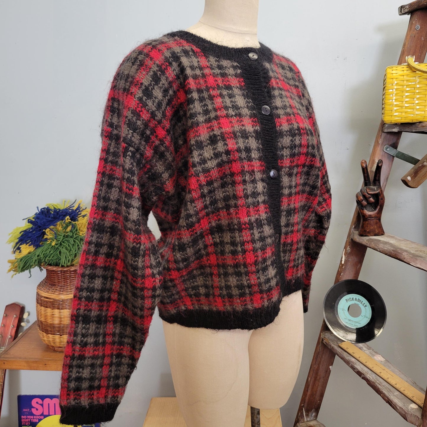 vtg 80s PLAID MOHAIR CARDIGAN // vintage rosanna large fuzzy plaid sweater clueless preppy autumn casual boxy warm tones button up cozy knit