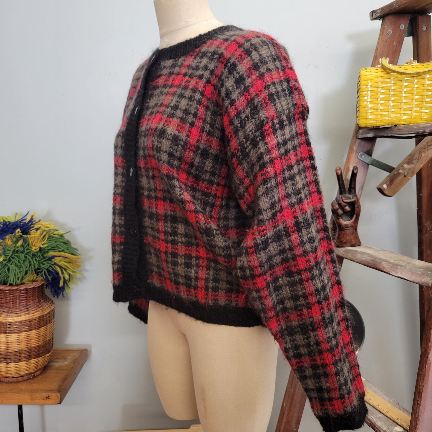 vtg 80s PLAID MOHAIR CARDIGAN // vintage rosanna large fuzzy plaid sweater clueless preppy autumn casual boxy warm tones button up cozy knit