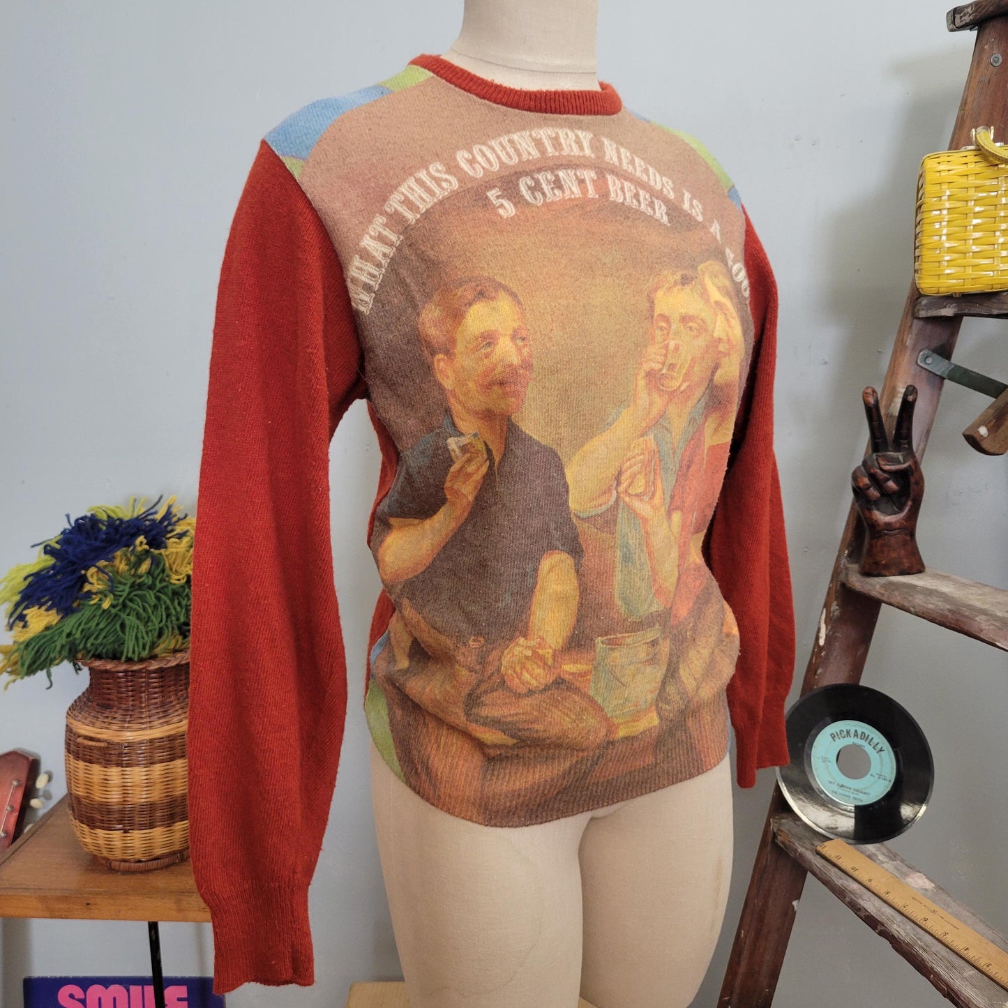 vtg 70s BAR SCENE SWEATER // vintage retro mcgregor medium pictorial "what this country needs is a good 5 cent beer" autumn hippie bartender
