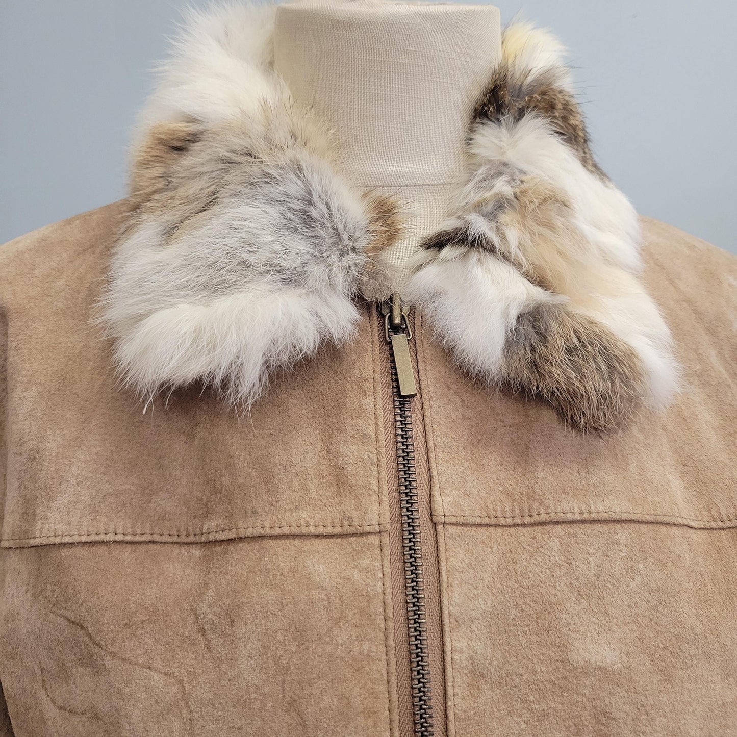 vtg 90s SUEDE FUR JACKET / vintage st johns bay womens medium leather coat rabbit fur trim zip metro new york style fashionista autumn top