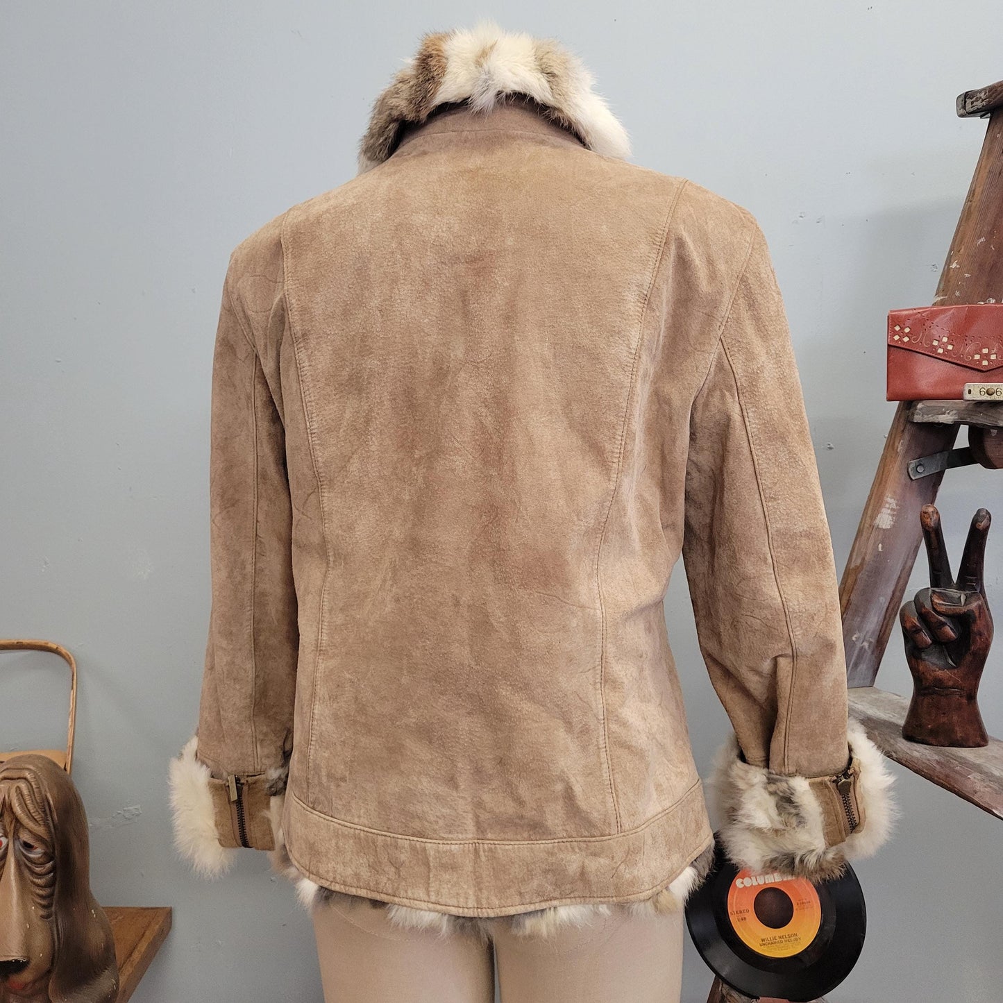 vtg 90s SUEDE FUR JACKET / vintage st johns bay womens medium leather coat rabbit fur trim zip metro new york style fashionista autumn top