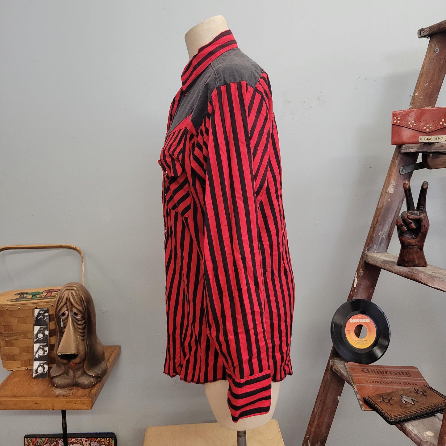 vtg 70s RED BLACK STRIPED Shirt // vintage button down ranch and town medium panhandle slim pinstriped western snap up 15.5 rockabilly top L