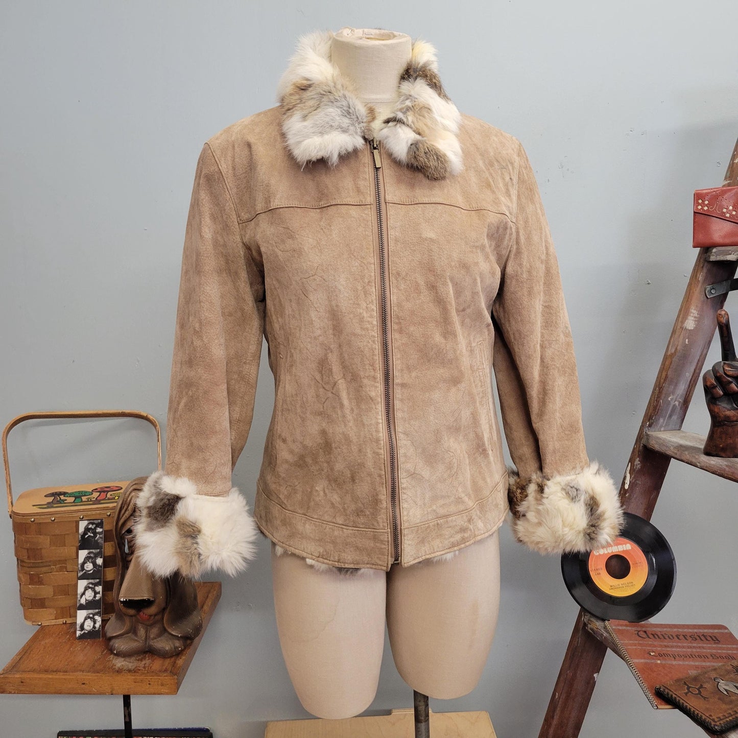 vtg 90s SUEDE FUR JACKET / vintage st johns bay womens medium leather coat rabbit fur trim zip metro new york style fashionista autumn top