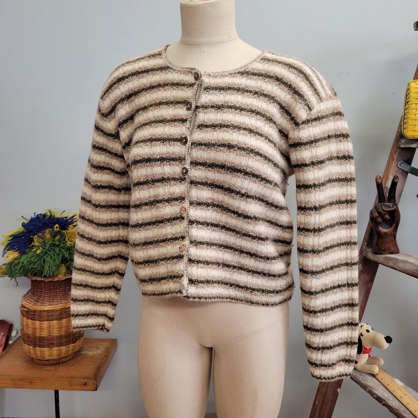 vtg 90s STRIPED WOOL CARDIGAN // vintage reba rose large button up cropped preppy grunge casual autumn neutral minimalist cute fuzzy beige