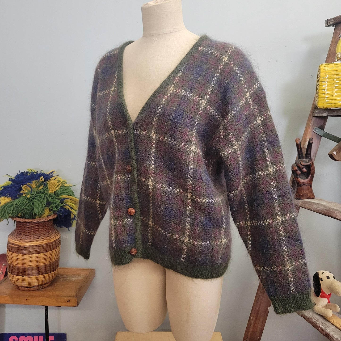 vtg 90s PLAID MOHAIR CARDIGAN // vintage  purple striped medium v neck fuzzy preppy grunge slouchy oversized boxy neutral earth tones autumn